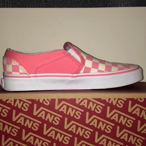 Strawberry Pink Checkered Slip On Vans
